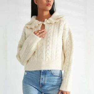 ZARA Cream Chunky Cable Peter Pan Collar Sweater with Pearl Button